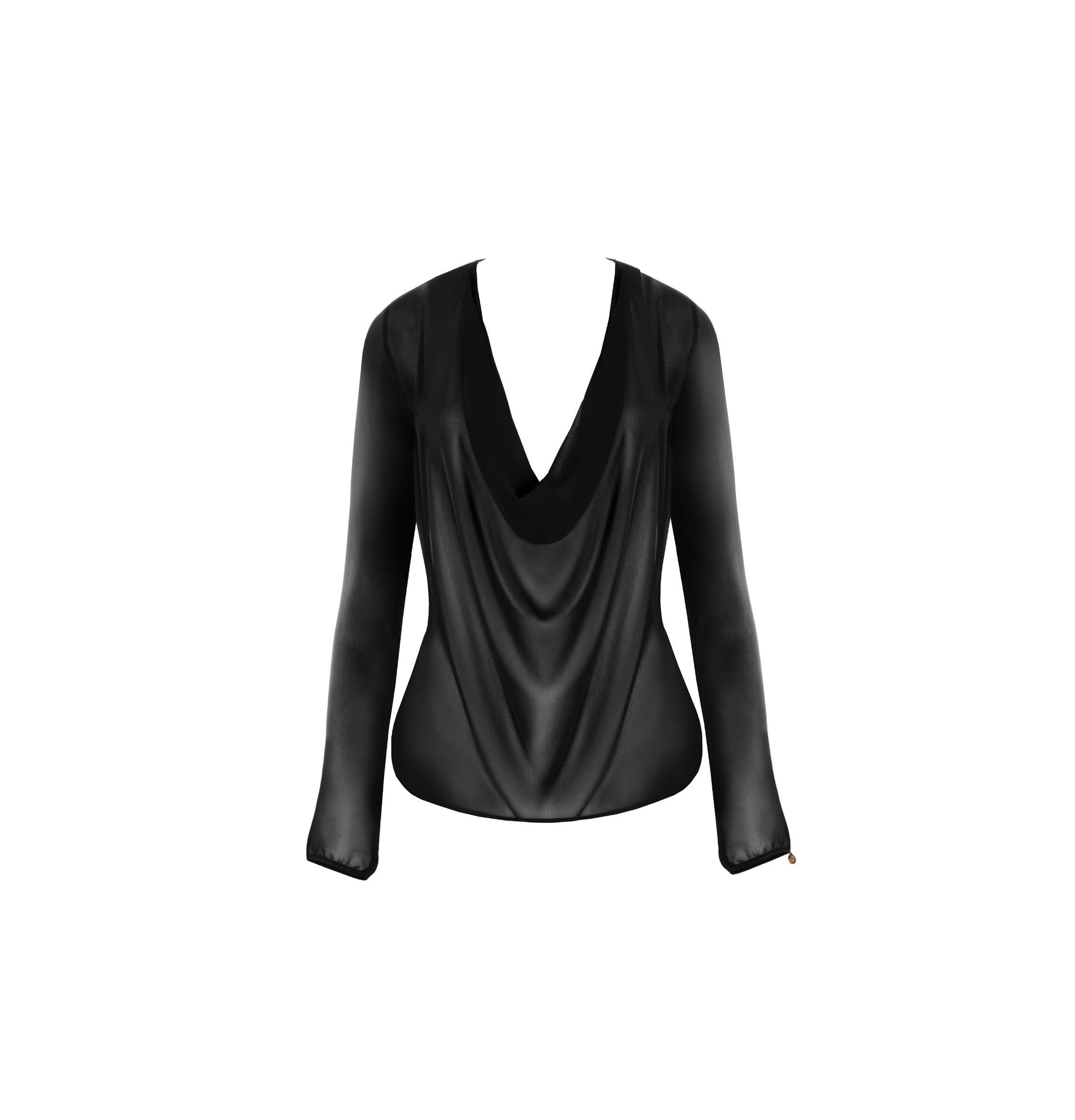 schwarze, transparente Bluse aus Chiffon mit längen Ärmeln und tiefem Wasserfallausschnitt